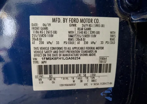 2020 Ford Explorer Limited z USA, uszkodzony, nr VIN 1FMSK8FH1LGA06234